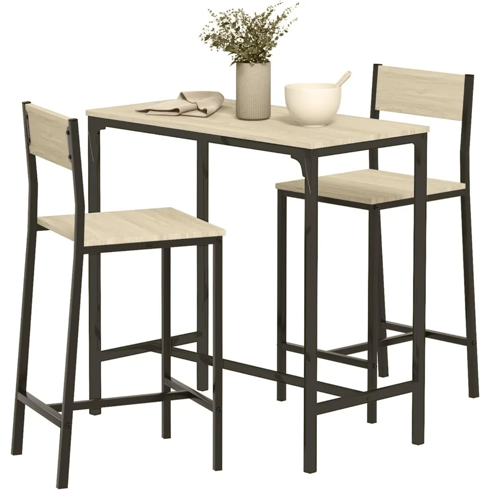 

3-Piece Industrial Bar Table and Chairs Set: Counter-Height Kitchen Dining Table with Bar Stools – Ideal Breakfast Table for 2
