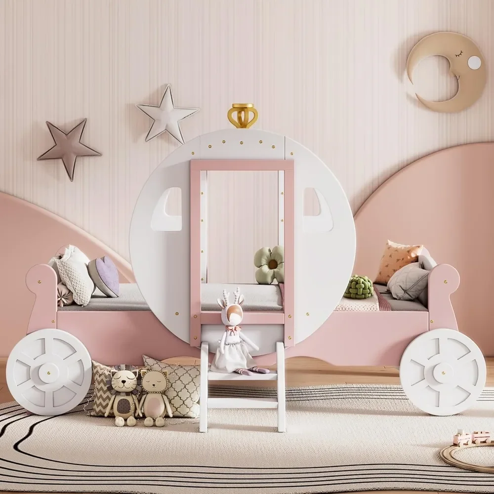 Marco de cama de carro de princesa de tamaño doble para niños, niñas, niños pequeños con corona, cama de coche con plataforma de madera con escalera, muebles para niños