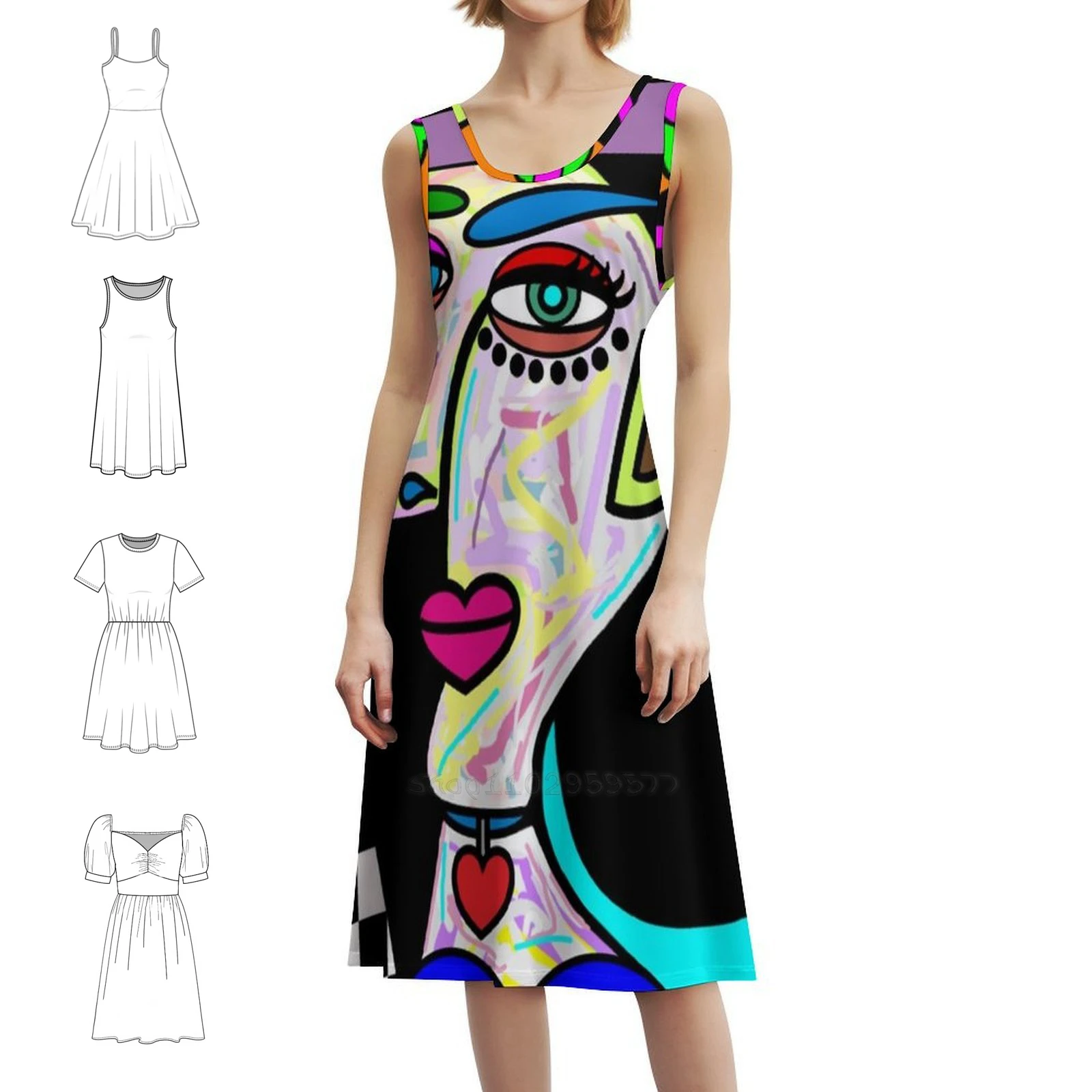 

Funky Lady With Hat Art Face Sexy Vacation Dress For Women Beach Party Birthday Mini Dress Multicolor Picasso Abstract Eyes