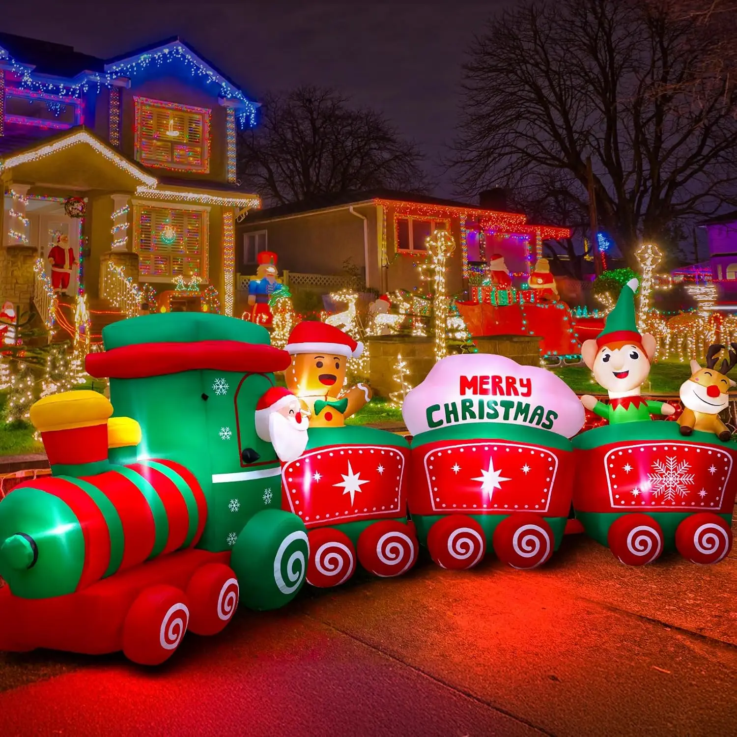 12FT Christmas Inflatables Train Decorations for Outdoor Lawn, Garden, Yard | Inflatable Christmas Train with Santa, Gingerbread