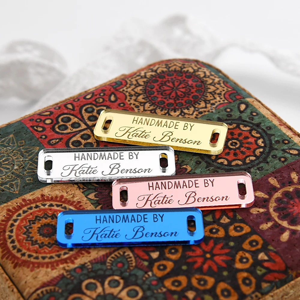 

Custom Mirror Acrylic Tags Laser Engraved 12.5x38mm MOQ 50Pcs For DIY Crafts Clothing Hats Decor Personalized Logo