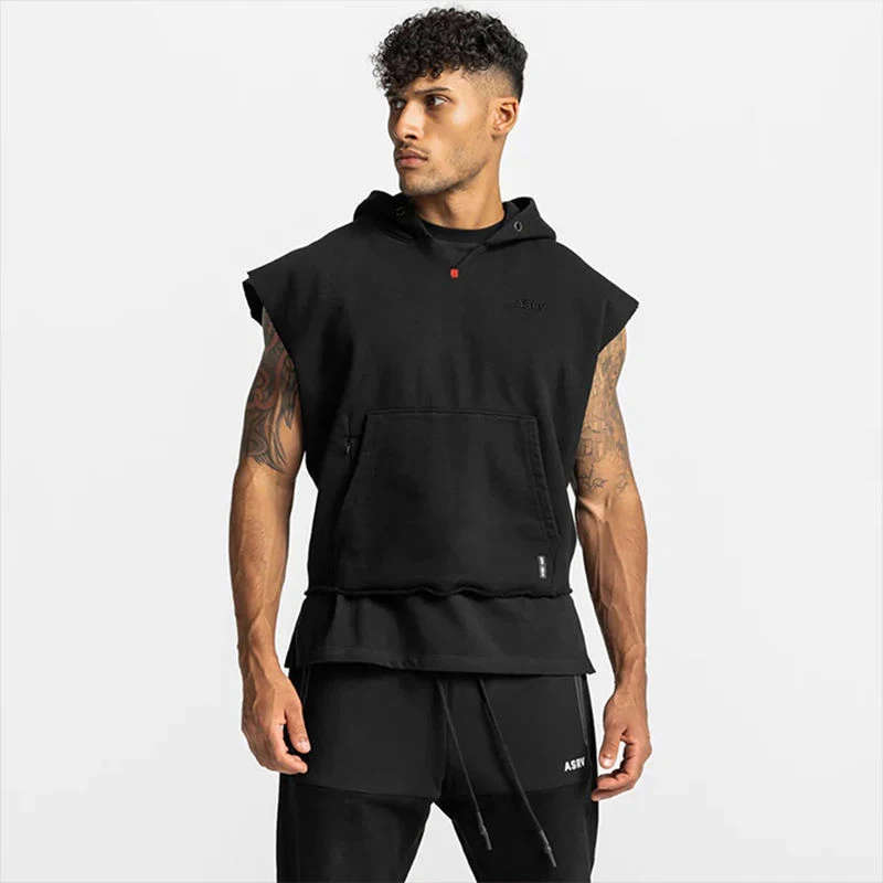 Summer Men Sleeveless Hooded Sweatshirts Korean Fashion Solid Absorb Sweat Breathable Oversized Clothing Sports Fitness Tank Top