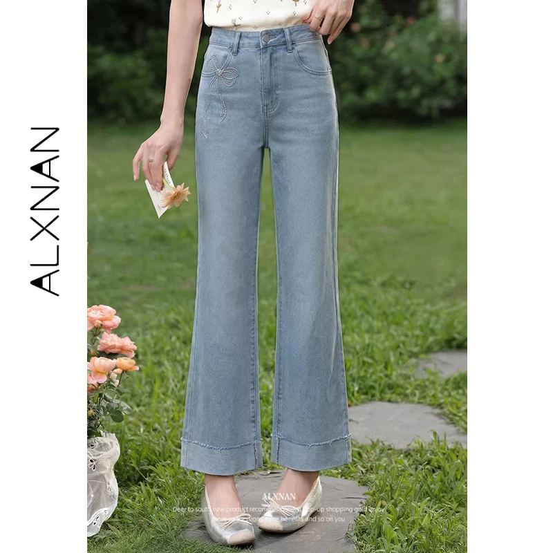 

ALXNAN Women's Blue Cropped Jeans High Waist Bootcut with Bow Embroidery Denim Pants 2026 Spring Elegant Cotton Jeans L61363A