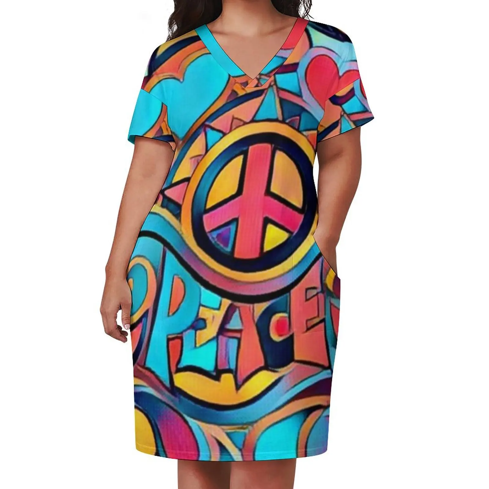 Peace and Love Colorful Retro Art Loose Pocket Dress womens dress chic and elegant woman dress