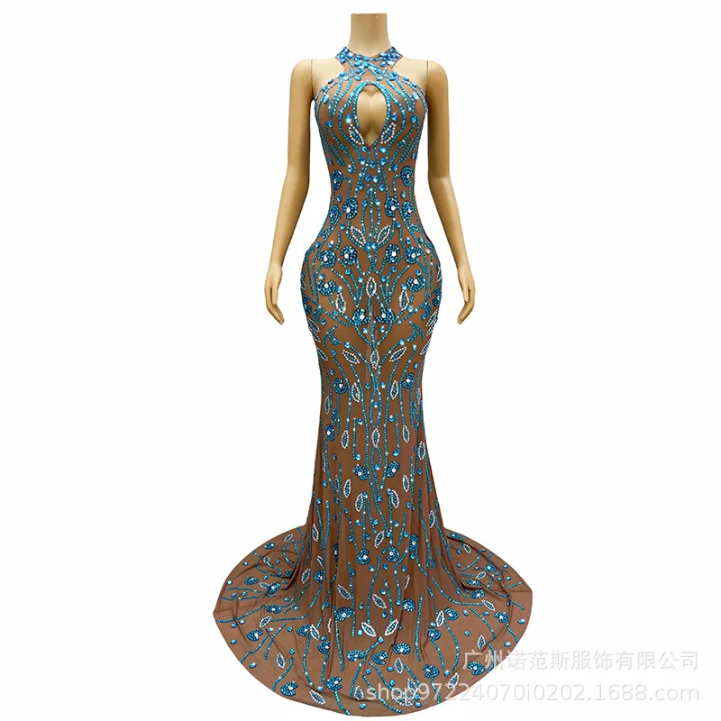 

Temperament Celebrity Banquet Halterneck Pinching Waist Diamond Evening Dress Photo Studio Exhibition Hall Model Catwalk Costume
