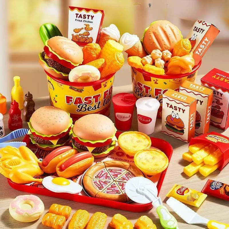 Set Simulation Make Hamburger Pizza Fries Pretend Play Food Cooking Cutting Game Montessori Interactive Kid Kitchen Toy Gift