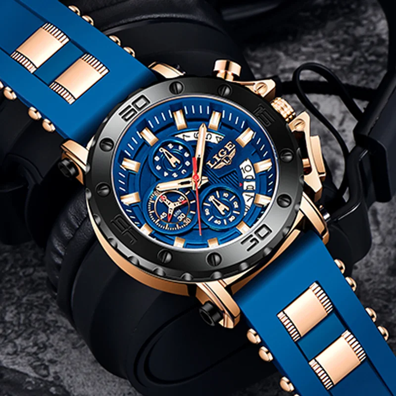 LIGE Mens Watch Blue Dial Military Sports Quartz Watches Men Waterproof Fashion Luminous Calendar Man Watch Business Male Clock