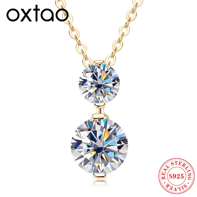 

OXTAO Подвеска с двумя камнями из муассанита 7 мм и 5 мм, женское украшение, цепочка на ключицу из стерлингового серебра 925 пробы, подарок на годовщину