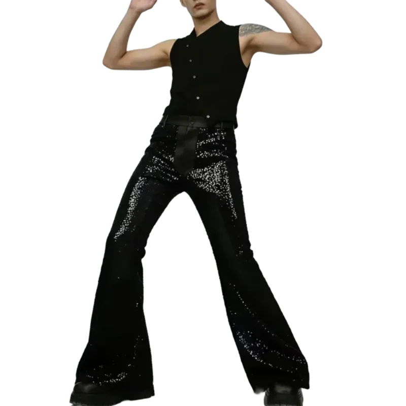 Herren Pailletten-Schlaghose Schwarze Glitzernde Bell-Bottom-Hose mit Gürtel für Party und Bühnenauftritte