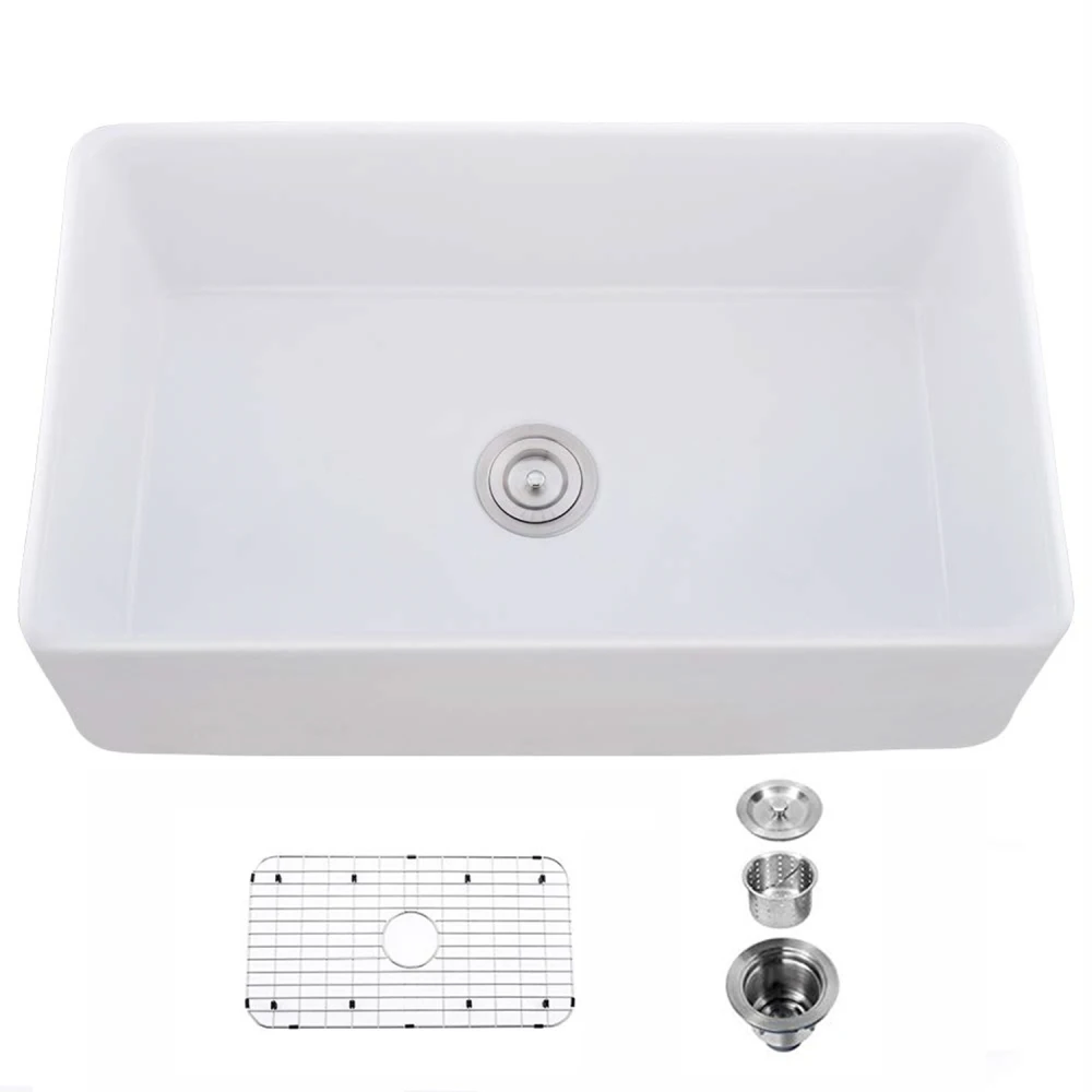 

33" L X 20" W Single Basin Ceramic Farmhouse Kitchen Sink with Basket Strainer