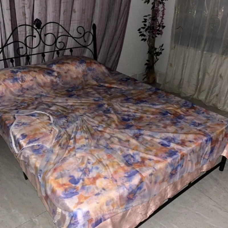 

2.3m * 2m Ultra-thin Transparent Floral Gloss Silk Quilt Cover Soft Silky Touch Zipper Couple FKK Large Size Single Duvet Cover