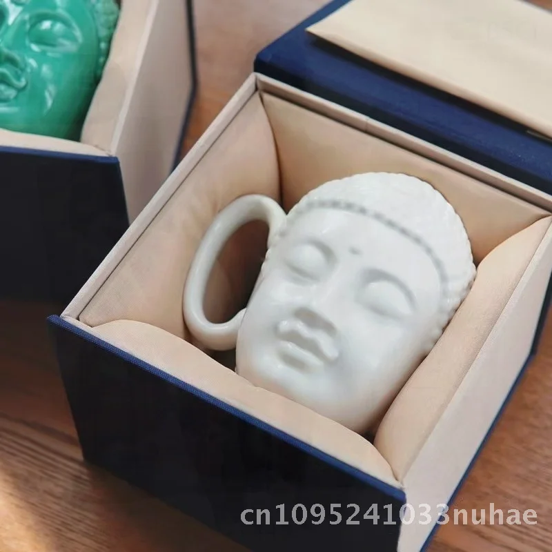 

Керамическая кружка с большой головой Будды — темно-зеленая и чисто белая фарфоровая чашка с сострадательным дизайном, подарочный набор чашек для чая в японском стиле