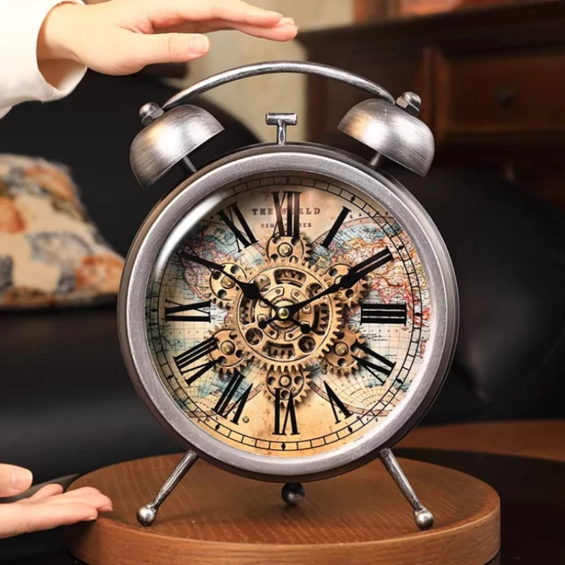 Retro Luxury Table Clocks Gear Mechanical Round Alarm Clock Living Room Silent Desktop Watch Creative Office Desk Ornament