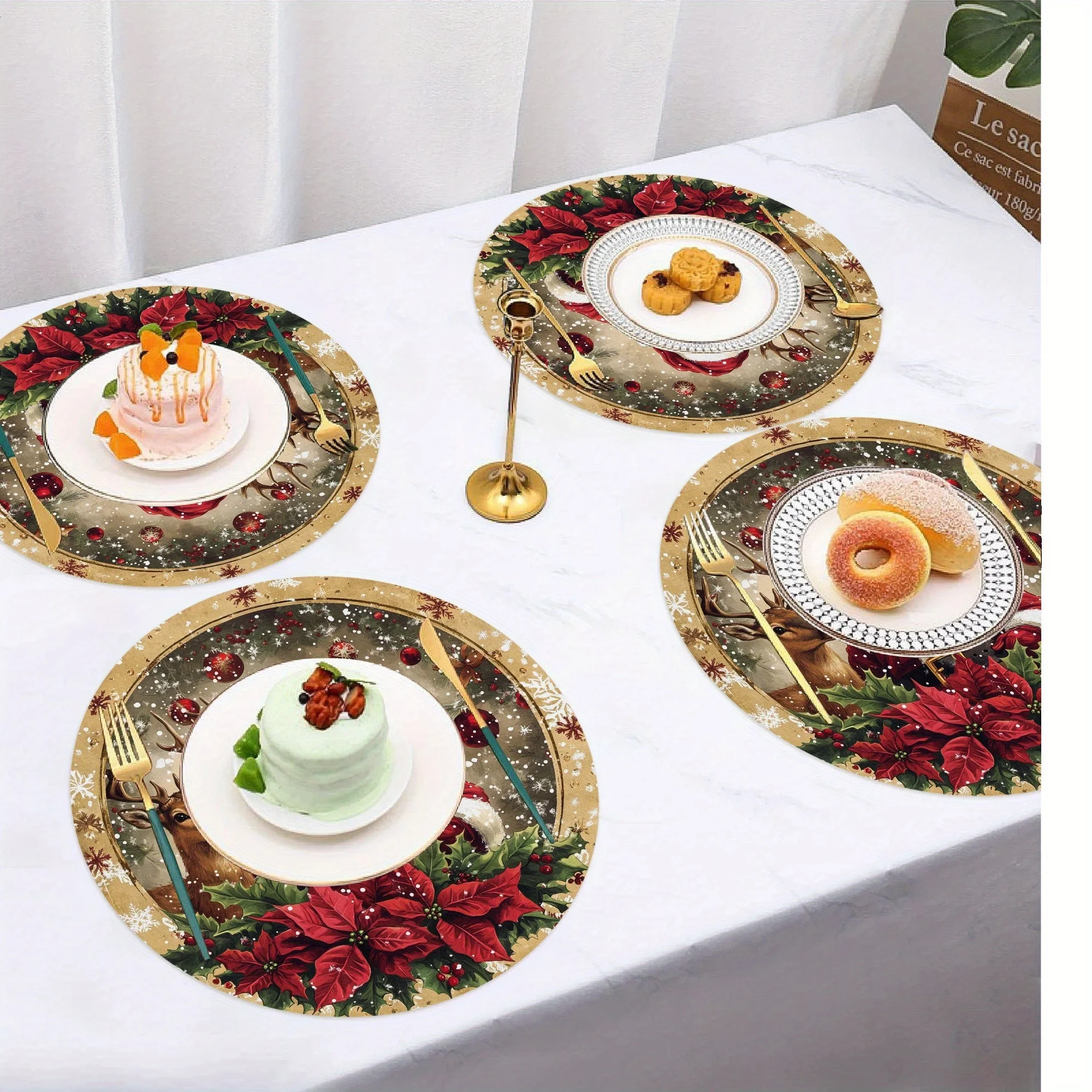 VIKAMA 4-Piece Santa's Reindeer Gold-Edged Placemats Holiday Gathering Family Dining Table Decor Accessories Party Decorations