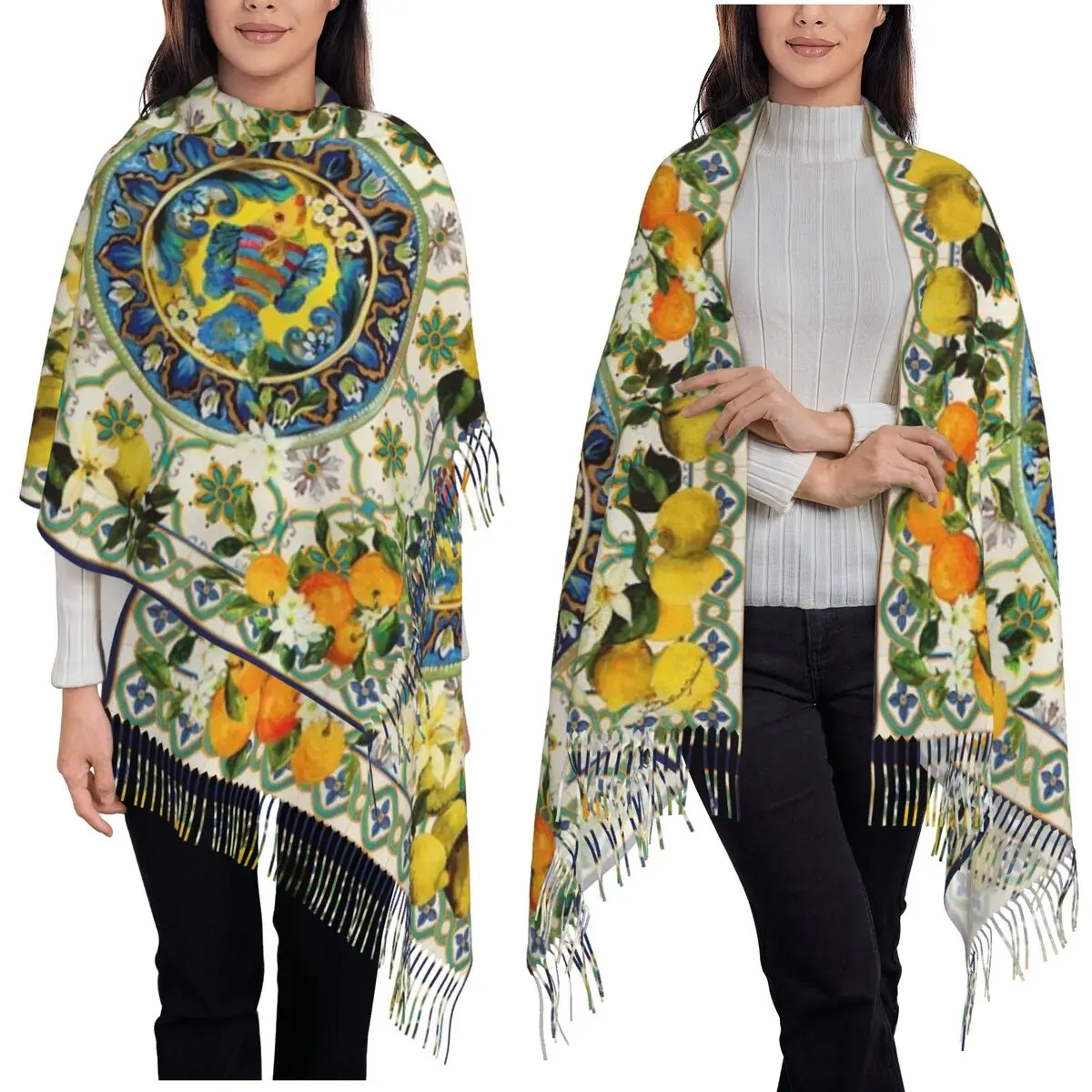 

Модный средиземноморский лимон на синей керамической плитке, летний шарф с фруктами цитрусовых, шарфы с кисточками, шали и накидки, большая шаль