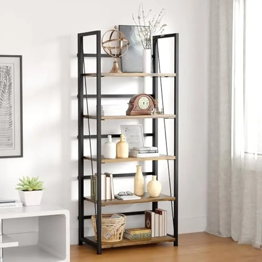 5 Tier Wood Book Shelf Organizer, No Assembly Bookshelf for Bedroom Living Room Office, Rustic Foldable Book Case, Tall Bookshel