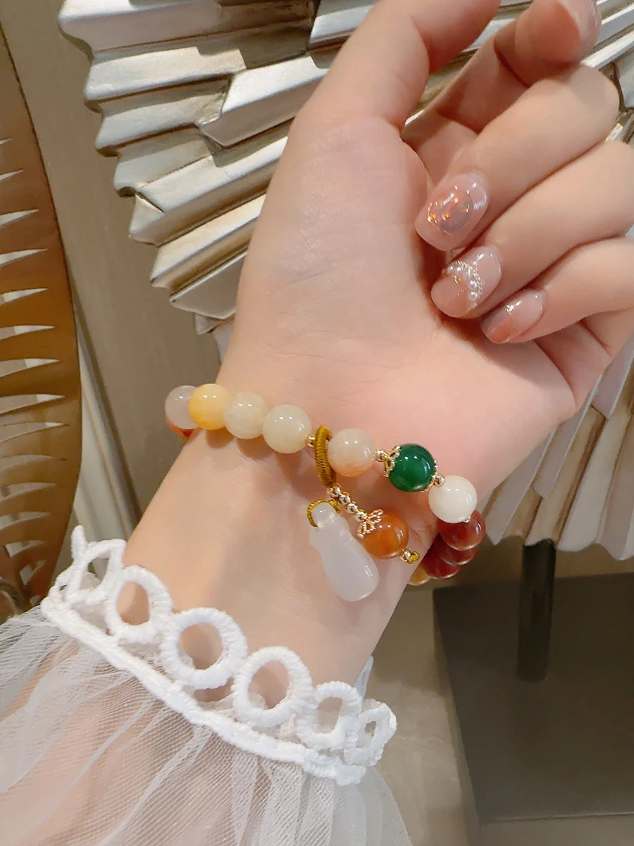 

Cinnabar Safe Button Gold Jewelry Jade Agate Gourd Peanut Crystal Bracelet Retro Chinese Beaded Girlfriend Chinese Style Gift