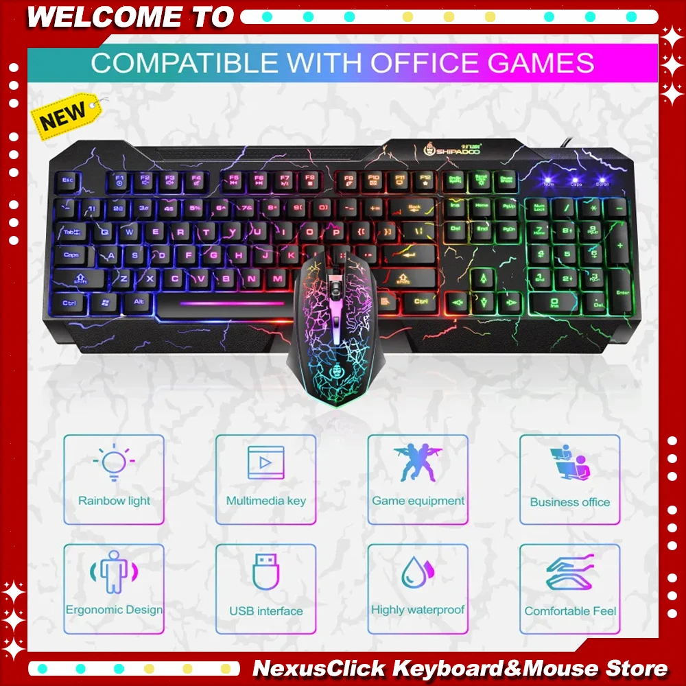 

104-key waterproof keyboard and mouse set with USB interface Cyberpunk RGB gaming keyboard and mouse crackle luminous set