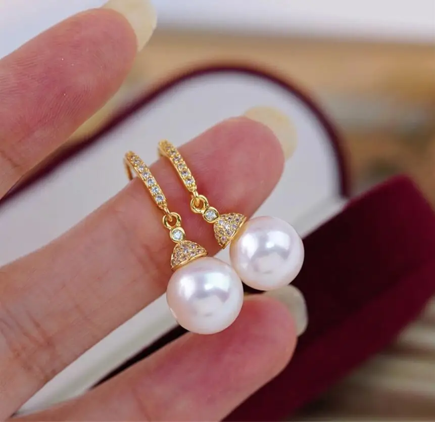 stunning Pair of  9-10mm natural south sea white round pearl earring 925s