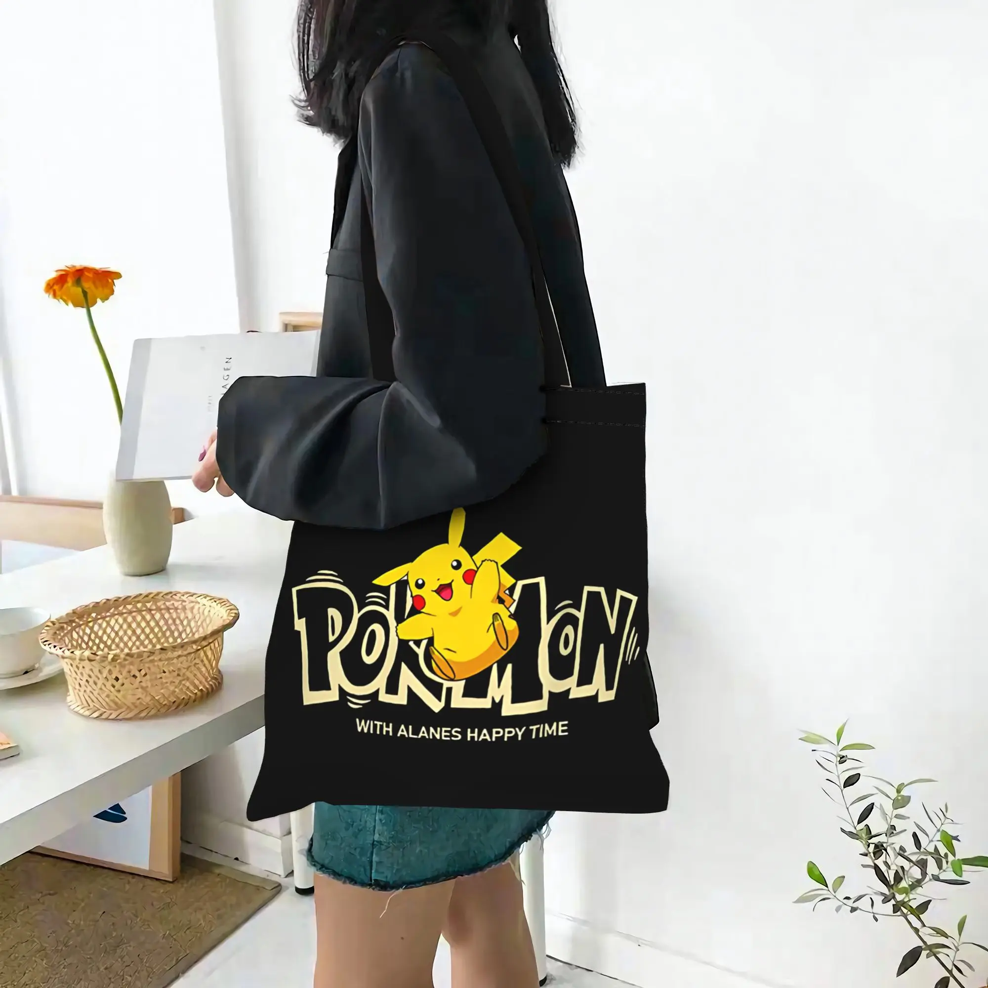 Customized Pokemon Women's Bag Shopping Bag Reusable Double Sided Canvas Tote Bag Shoulder Pikachu Handbag