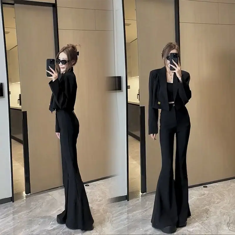 Women's Spring Summer Retro Casual Cropped Blazer Bell Pant Set Commuter Solid Color Single-breasted Suit Trousers Two-piece Set