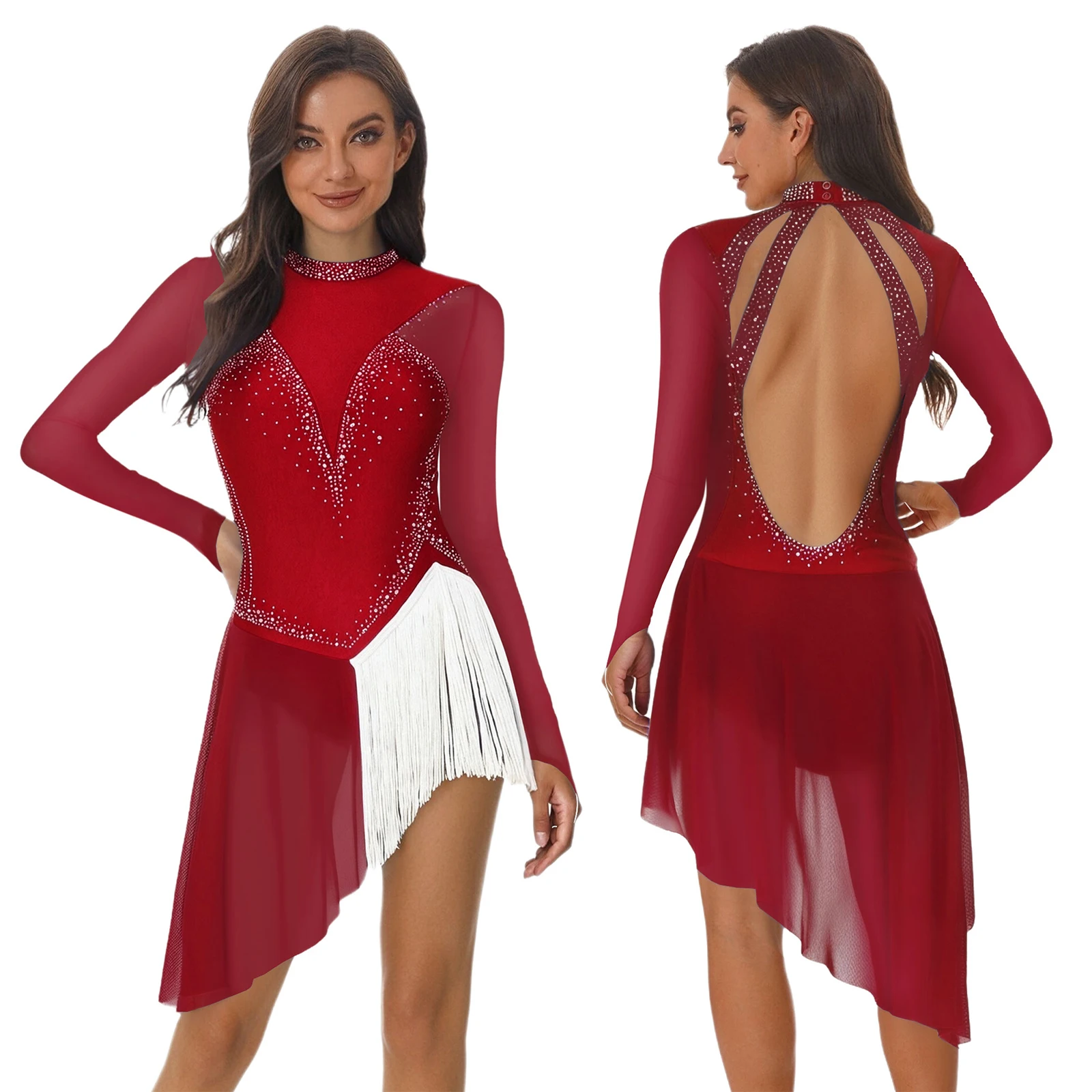 

Women Glittery Rhinestone Skating Dress Lyrical Costume Sheer Mesh Long Sleeve Backless Irregular Hem Leotard Dress with Fringe