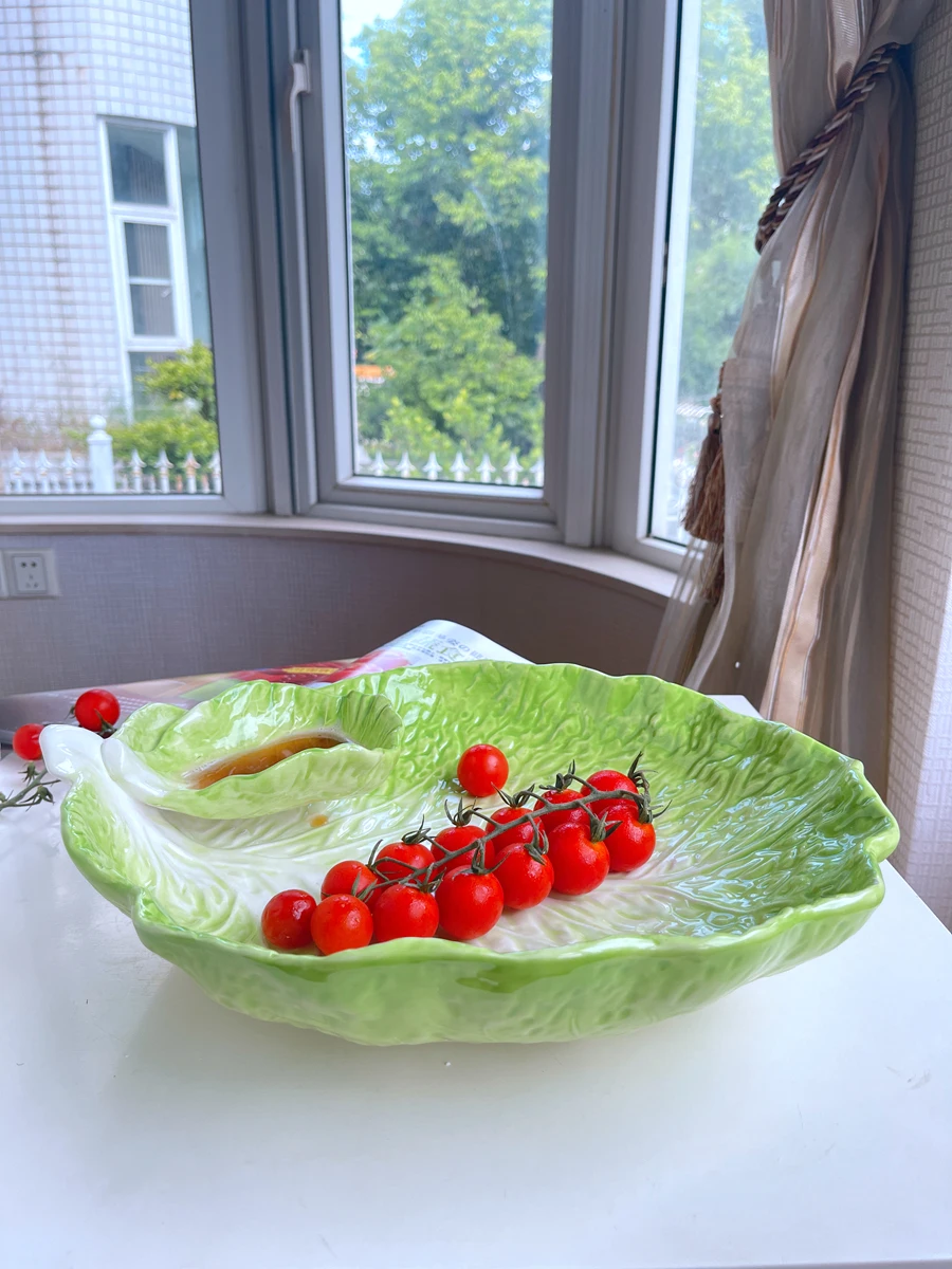 Ceramic Cabbage Sauce Plate High-End and Beautiful Double Large Dumpling Plate with Vinegar Dish Creative and  Salad Dish