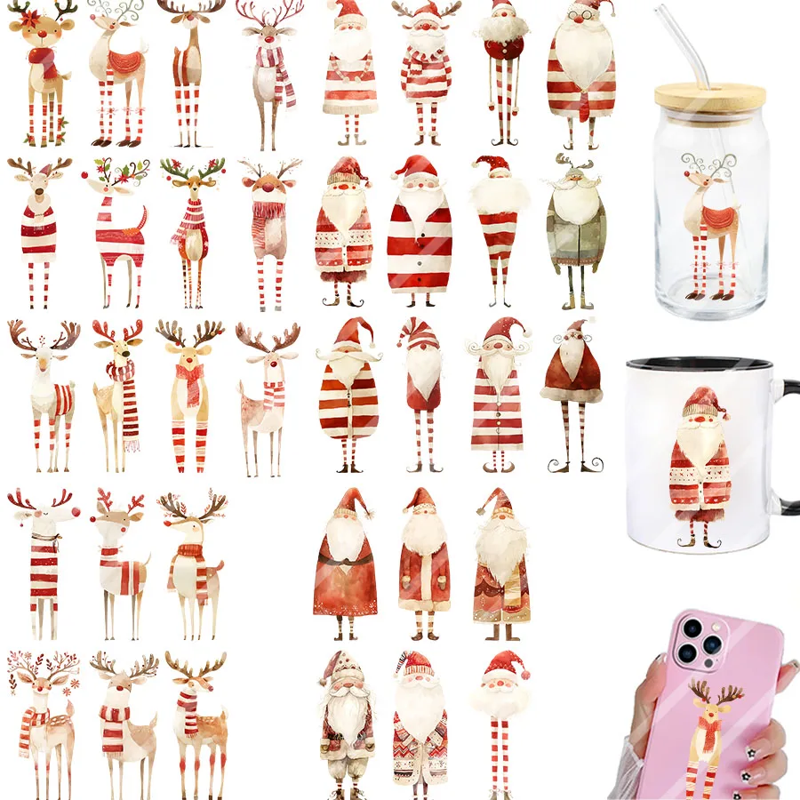 4 Christmas Reindeer Elk Santa Claus DIY UV DTF Rub On Transfer Sticker Tumbler Glass Cup Can Wrap Mug Xmas Card Ornament Decor