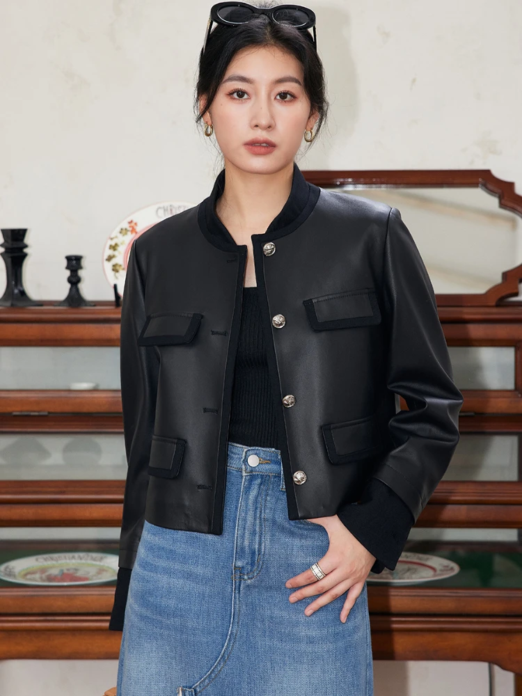 

Casual Short Genuine Leather Jackets for Women Spring Autumn 2026 New High-end Simple Stand Collar Black Real Sheepskin Coat