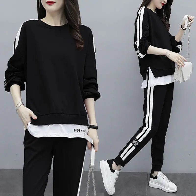 Women\'s Casual Tracksuit Stripe Hoodies and Sweatpants 2 Piece Set Spring Autumn Pullover Sports Suit Female Sportswear L-5XL