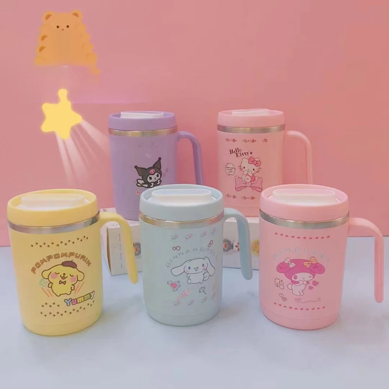 Kawaii Sanrioed Anime Cartoon My Melody Hello Kittys Cinnamoroll Kuromi Cute Coffee Cup 304 Stainless Steel Office Cup Straw Cup