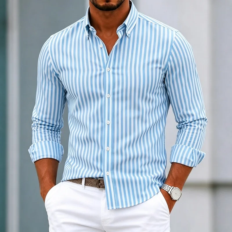Men's shirt with vertical stripes, men's long sleeved lapel shirt, slim fit business dress shirt, commuting casual versatile top