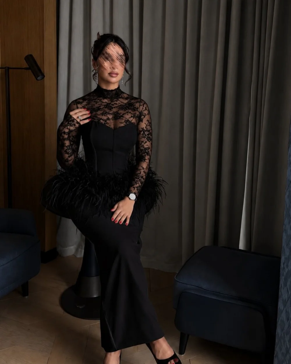 

Customized Fashion Women Jersey Lace Feather Straight Evening Dress Elegant Strapless Sleeveless Ankle Length Dresses Party Gown