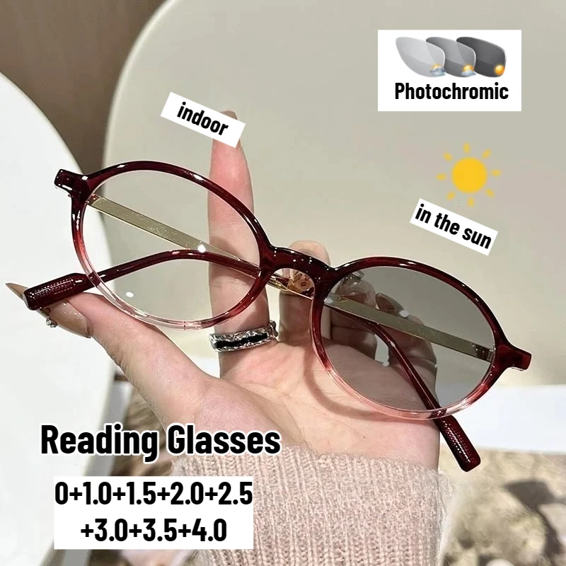 

Unisex Retro Photochromic Anti-blue Light Reading Glasses Fashionable Oval Frame High-definition Reading Presbyopia Glasses +4.0