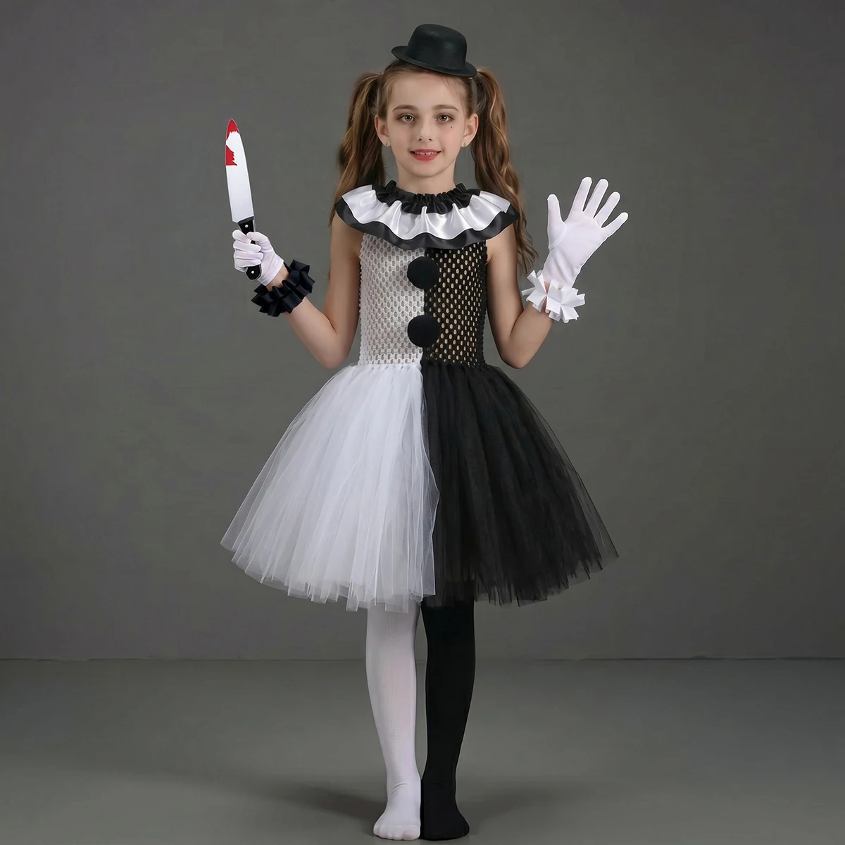 Black White Girls Killer Clown Costume Kids Terrifying Clown Tulle Tutu Dress Children Fancy Dress Up Halloween Cosplay Outfit