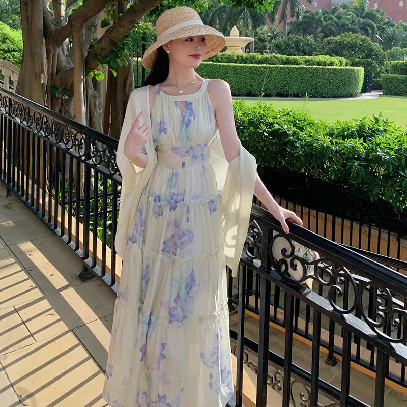 Robe de plage française élégante pour femmes, imprimé floral, style Boho, longue, taille haute, à volants, été