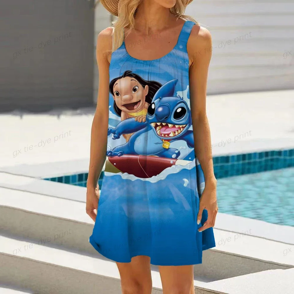 Disney Stitch Casual Sweet Spaghetti Strap Dress 2023 New Ladies O Neck Knee Length Big Swing Beach Dress Loose Dresses Women