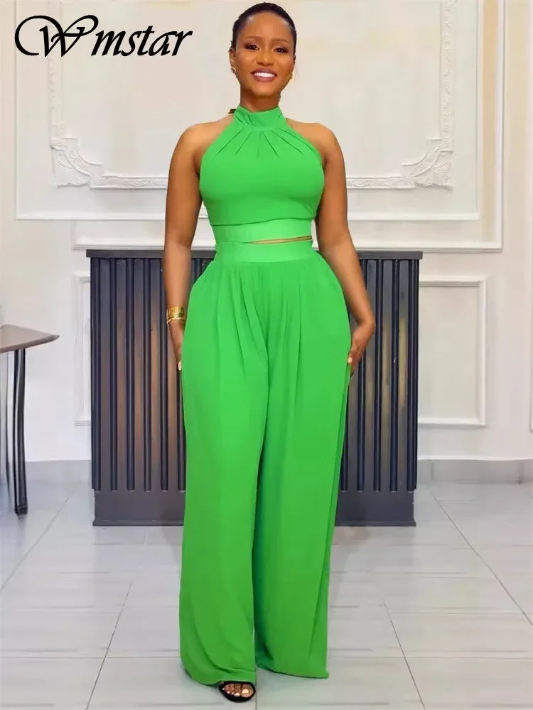 

Wmstar Two Piece Set Women's Clothing Solid Pants Sets Crop Top Leggings Office Lady Matching Summer Wholesale Dropshipping