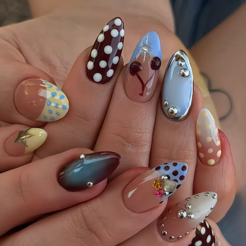 24PCS Sweet Cool Polka Dots Almond Press on Nails Brown Cherry Blue Smudging French False Nails Metallic Silver Star Nail Tips