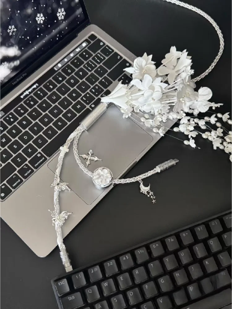 2-in-1 Airline Plug In Cable 1.3m 8-strand Braided Wire Typec 8k Aviator Customization Pure White Aviation Keyboard Cable
