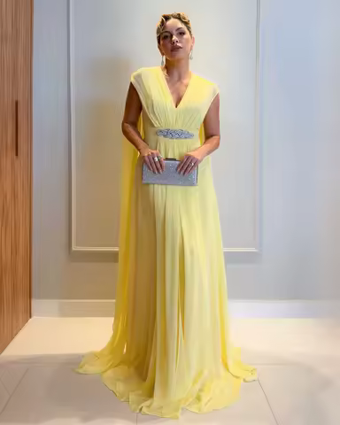 Customized Delicate Yellow Chiffon Evening Dress V-Neck Off the Shoulder Sleeveless Party Dress Crystal Bespoke Occasi
