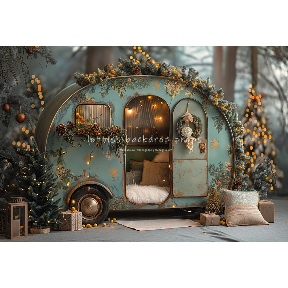 Winter Snowy Bus Backdrops Kids Child Photography Snowflake Jungle Forest Christmas Trees Backgrounds