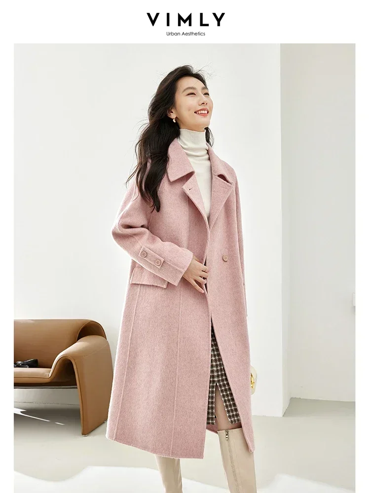 Vimly Double Faced Wool Long Pink Coats for Women 2023 Winter Notched Light Warm Woolen Overcoat Female Jacket Clothing 50687