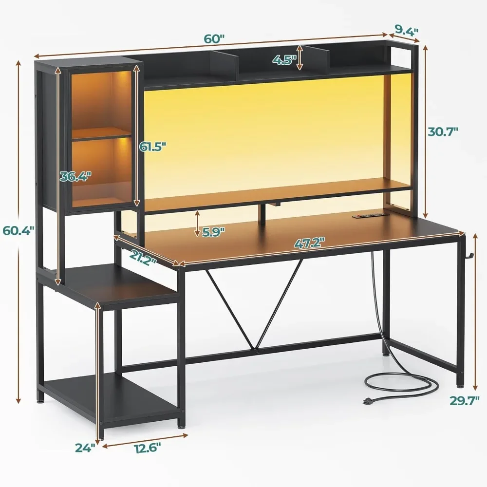 مكتب ألعاب، مكتب ألعاب 60 بوصة مزود بمصباح LED، مكتب كمبيوتر مع أرفف تخزين، مكتب ألعاب كمبيوتر كبير مع شاشة C