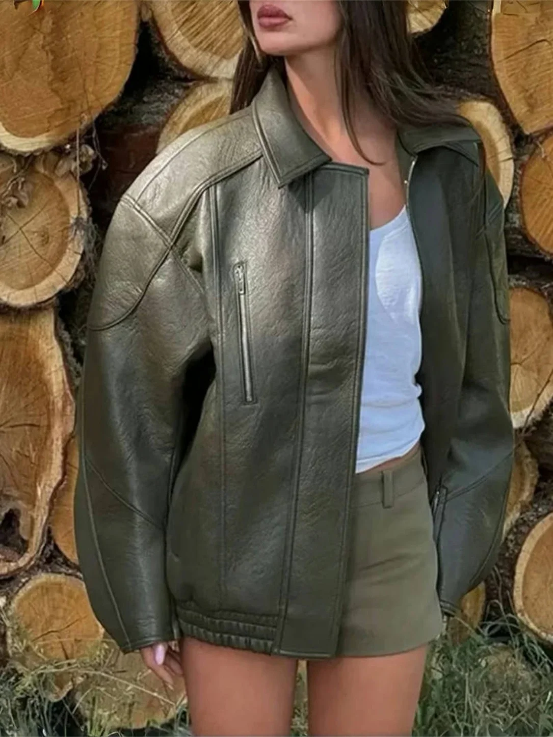 

Z-Sle Women's PU Leather Jaet Loose Casual Faion Retro Simplified Autumn New Arrival Zipper Closure Long Sve Coat