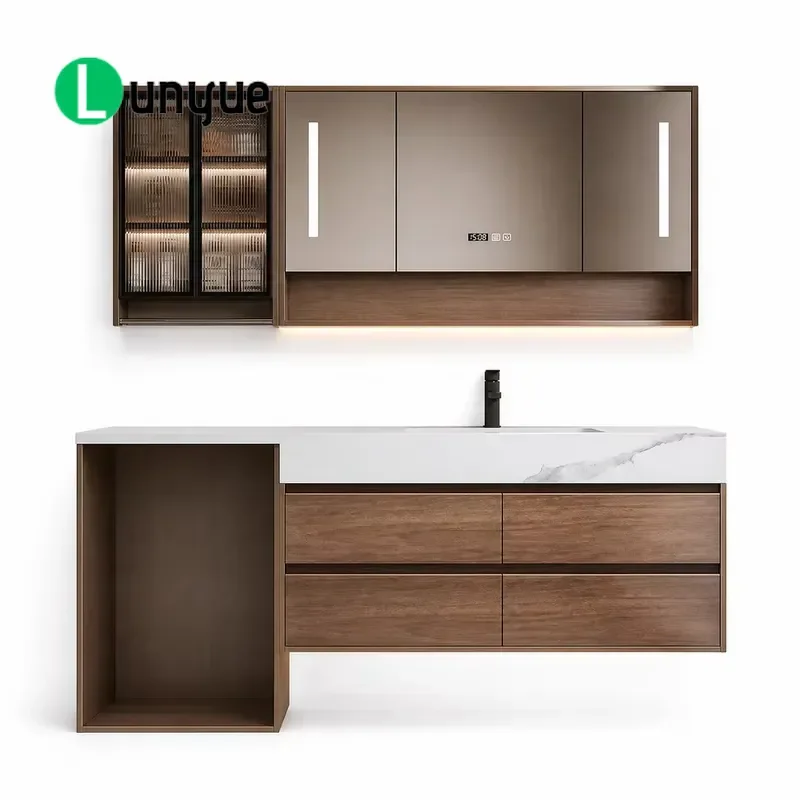 New Chinese Style Walnut Wall Mounted Bathroom Vanity Cabinet with Solid Surface Seamless Washbasin Combination for Modern