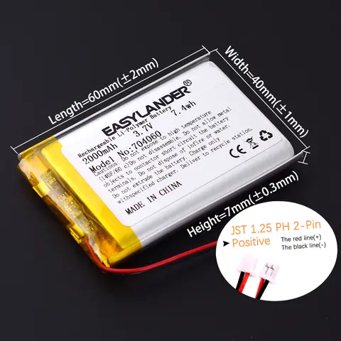 JST1.25mm 2핀 3.7V 2000mAh 704060 리튬 이온 리포 폴리머 배터리 304060 404060 504060 604060 104060 804060 904060