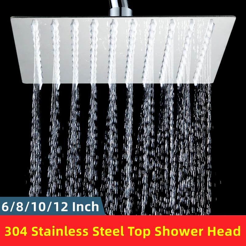 Good Quality 304 Stainless Steel Rainfall Shower Head Square&Round 6/8/10/12 Inch Top Spray Bathroom Showerhead Accessories