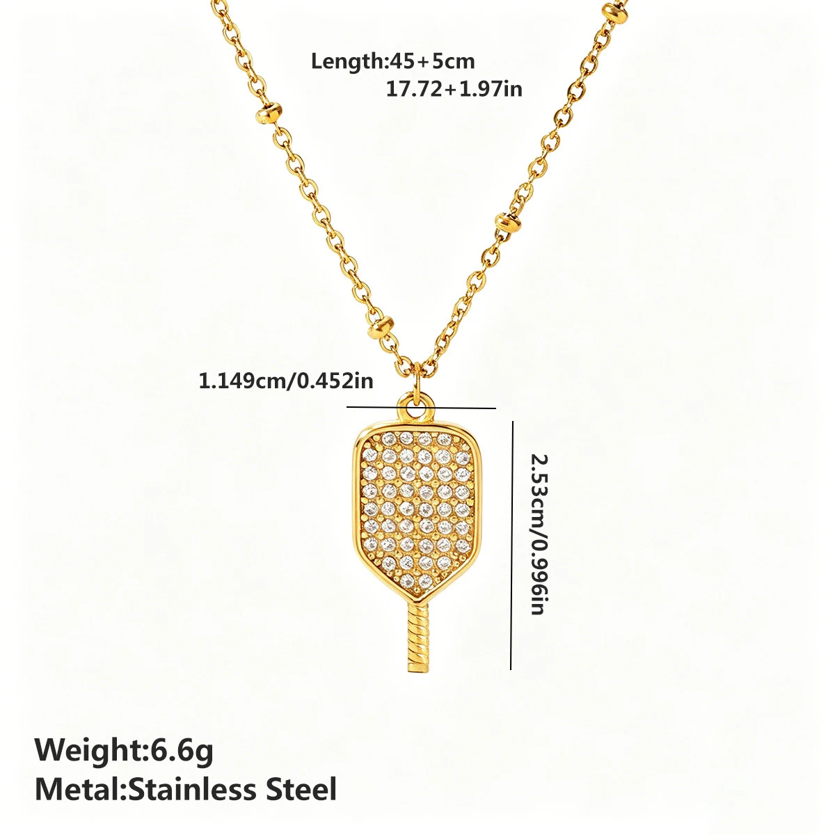 DIEYURO 316L Stainless Steel Golden Pickleball Paddle Inlay Zircon Pendant Necklace Women Classic Fashion Waterproof Jewelry ﻿