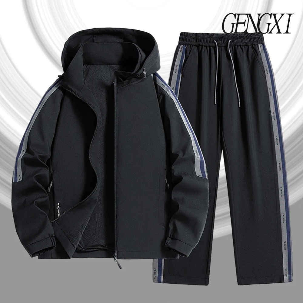 

Men's Casual Sportswear Set Spring/Autumn New Arrival Letter Print Striped Hooded Jacket + Wide-Leg Straight-Leg Trousers